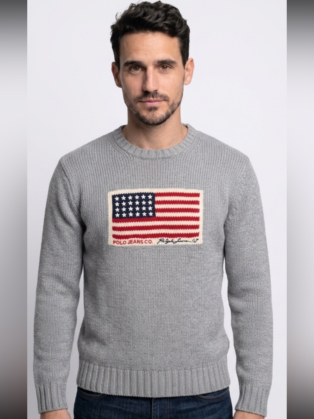 Ralph Lauren Vintage UNISEX Grey Crewneck Flag Sweater Large Loose Fit